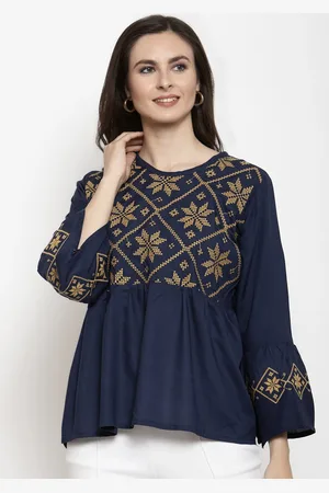 Purple State Women Blue Self Design A-Line Top
