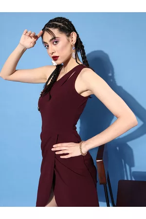 Rare Fashion Women Burgundy Solid Asymmetry Dress