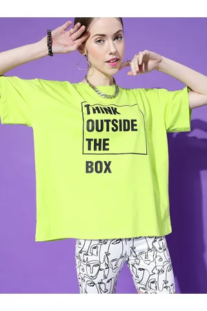STREET 9 Women Lime Green Typography Printed Extended Sleeves Oversized Pure Cotton T-shirt