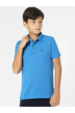 JACK & JONES Boys Blue Solid Polo Collar Slim Fit T-shirt
