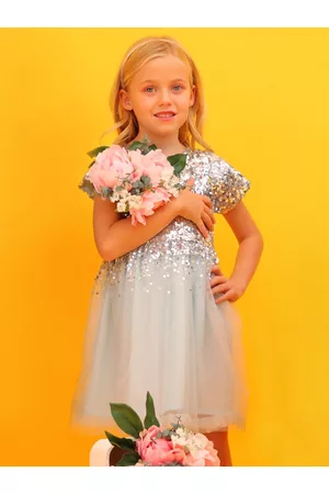 Cherry Crumble Girls Silver-Toned Sequinned Fit and Flare Dress