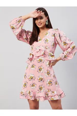 Rare Fashion Peach-Coloured Floral Ruffled Crepe Dress