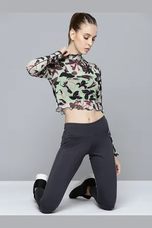 Reebok Green & Black Floral Print Mesh Beauty Trend Crop Top