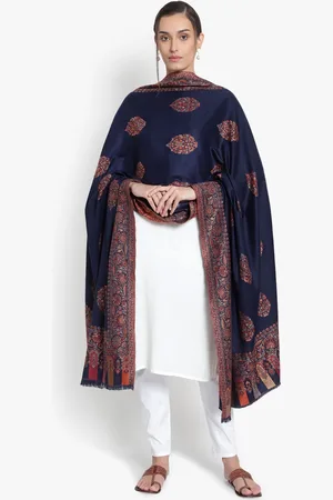Mizash Women Navy Blue & Brown Printed Fine Wool Shawl