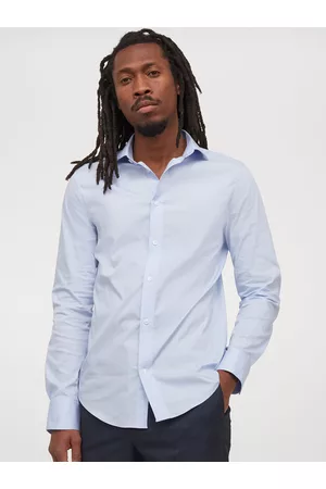 H&M Men Blue Solid Stretch Shirt Slim Fit