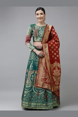 DIVASTRI Green & Red Sequinned Banarasi Lehenga Choli with Dupatta