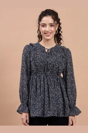 BEATNIK Floral Printed Tie-Up Neck Empire Top