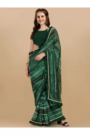 Sangria Bottle Green & Black Printed Tie & Dye Ruffle Saree