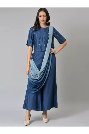 W Omen Ethnic Motifs Embroidered Top ith Palazzos ith Attached Dupatta