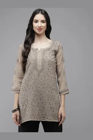 ADAM Co. Grey Hand Embroidered Chikankari Kota Kurti With Matching Slip