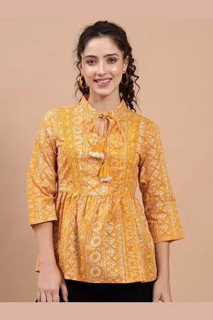 BEATNIK Mustard Yellow & White Print Tie-Up Neck Peplum Top