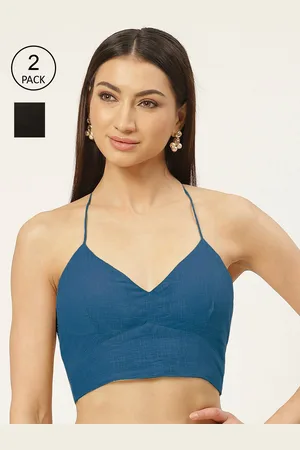 Molcha Women Pack Of 2 Black & teal Blue Solid Pure Cotton Padded Saree Blouse