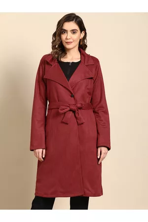 ATHENA Women Maroon Solid Suede Overcoat