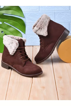 THE WHITE POLE Women Brown Solid Block Heeled Suede Short Boots