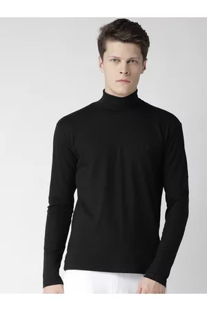 CHKOKKO Men Black Solid High Neck T-shirt
