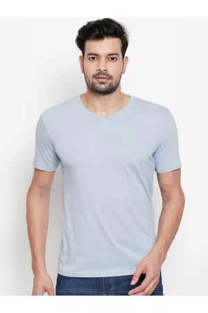 Pantaloons Men Short Sleeve - Men Blue Solid V-Neck T-shirt