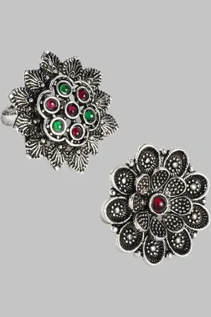 Kord Store Set Of 2 Rhodium-Plated Oxidesed Stones Studded Finger Ring