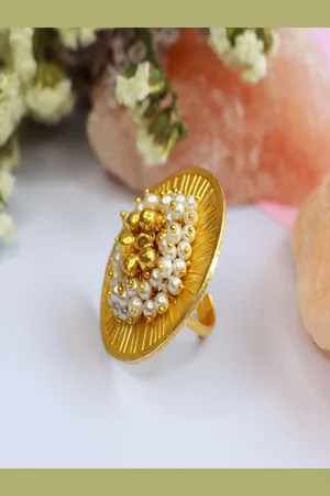 I Jewels Women Gold-Plated & White Pearls Adjustable Finger Ring