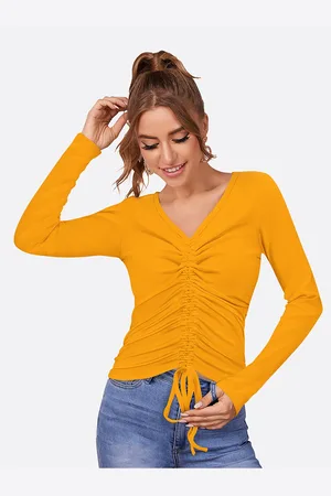 LONDON BELLY Women Yellow Solid V-Neck Regular Sleeves Top