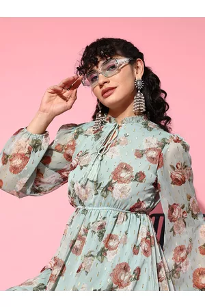 Ishin Sea Green & Rust Orange Floral Embellished Tie-Up Neck Chiffon A-Line Dress