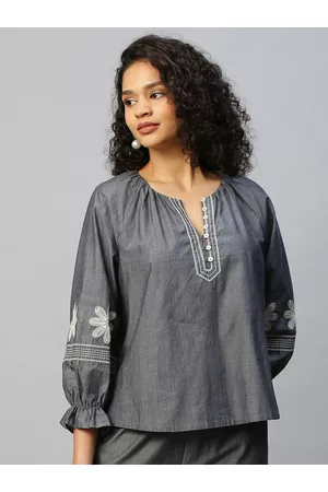 Chemistry Charcoal Floral Print Chambray Pure Cotton Top