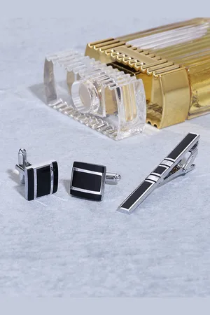 Yellow Chimes Men Silver-Toned & Black Tie-Pin & Cufflink Accessory Gift Set