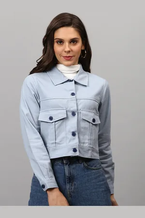 Campus Women Blue Washed Crop Denim Jacket