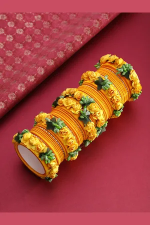 Priyaasi Set of 46 Yellow Handcrafted Floral Bangles