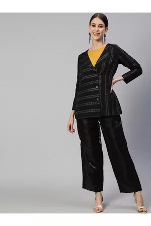Ishin Women Black Cotton Blend Striped Woven Coat with Trousers