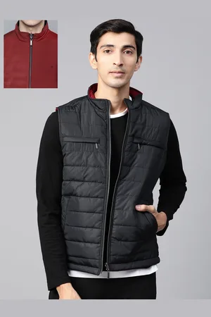 Louis Philippe Men Navy & Maroon Solid Reversible Quilted Jacket