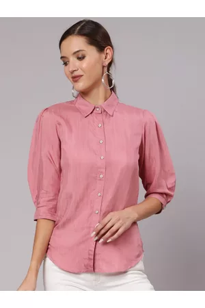 Jaipur Women Silk Blend Solid Shirt With Puffed Sleeves And Front Opening