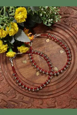 EL REGALO German Silver Set of 2 Silver-Plated Beads-Studded Tribal Anklets