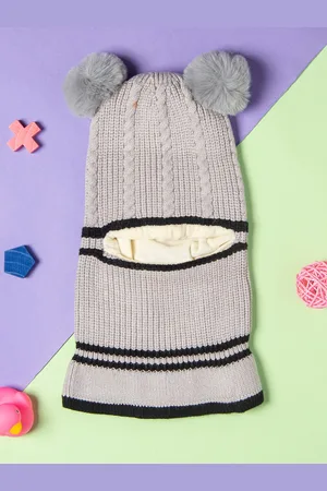 Baby Moo Unisex Kids Grey & Black Woollen Pom Pom Monkey Cap