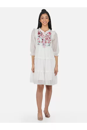 Antheaa Girls White Tie-Up Neck Embroidered Tiered Chiffon A-Line Dress