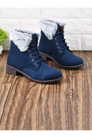 THE WHITE POLE Women Navy Blue Solid Fur Suede Boots