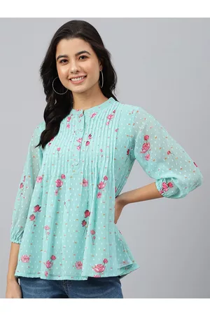 Janasya Dobby Georgette Floral Printed Flared Top