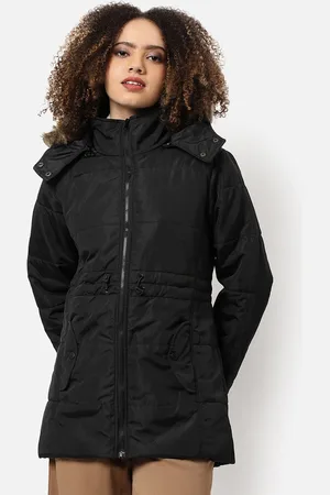 Campus Women Black Windcheater Outdoor Hooded Parka Jacket