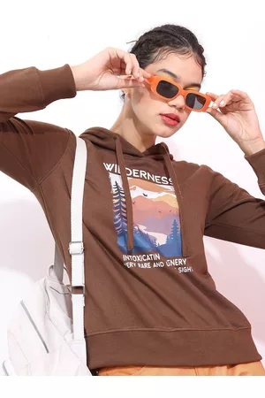 Ketch Women Brown Printed Cotton Hooded Sweatshirt