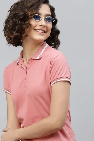 HERE&NOW Women Pink Solid Polo Collar T-shirt