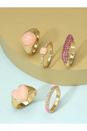 Ami Women Set Of 5 Gold-Plated Stone-Studded Finger Ring