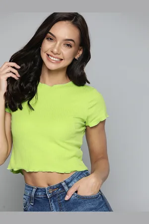 Mast & Harbour Women Fluorescent Green Solid Crop Top