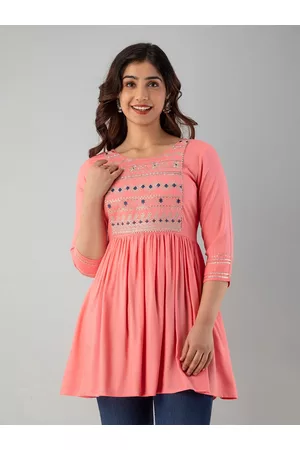 CKM Women Peach And Gold Embroidered And Embellished Empire Pleated Peplum Top