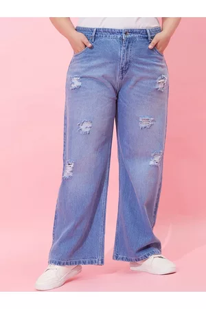 CURVY STREET Women Flared High-Rise Highly Distressed Light Fade Pure Cotton Jeans