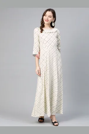 IDALIA Women Off-White & Charcoal Grey Printed Maxi Ethnic Dress