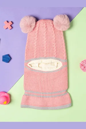 Baby Moo Unisex Kids Pink & Grey Winter Woollen Pom-Pom Monkey Cap