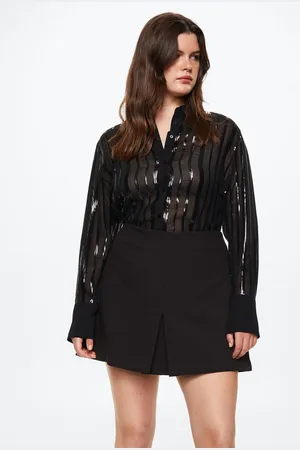 MANGO Women Sequin Striped Semi Sheer Party Shirt