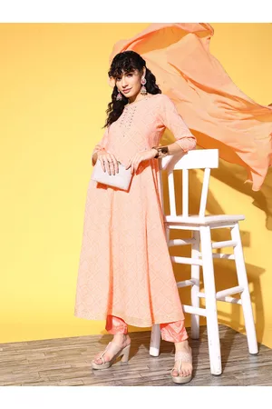 Ishin Women Peach-Coloured Bandhani Embroidered Pastels Anarkali Kurta