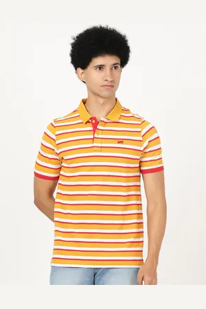 Lee Men Yellow Striped Polo Collar Slim Fit T-shirt