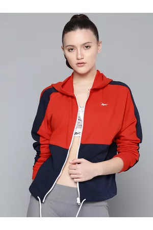 Reebok Women Red & Navy Linear Logo FT Full Zip Colourblocked Hooded Training Sweatshirt