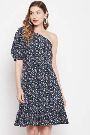 Color Cocktail Floral One Shoulder Crepe Drop-Waist Dress